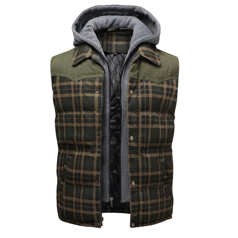 Warm Men's Plaid Puffer Hooded Vest