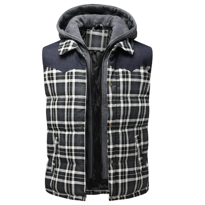 Warm Men's Plaid Puffer Hooded Vest - BritishElegance