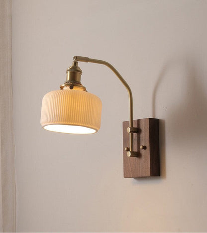 Rustic Wood LED Wall Lamp with Ceramic Shade