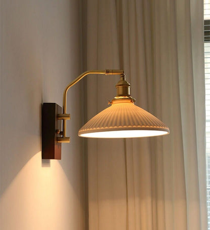 Rustic Wood LED Wall Lamp with Ceramic Shade - BritishElegance