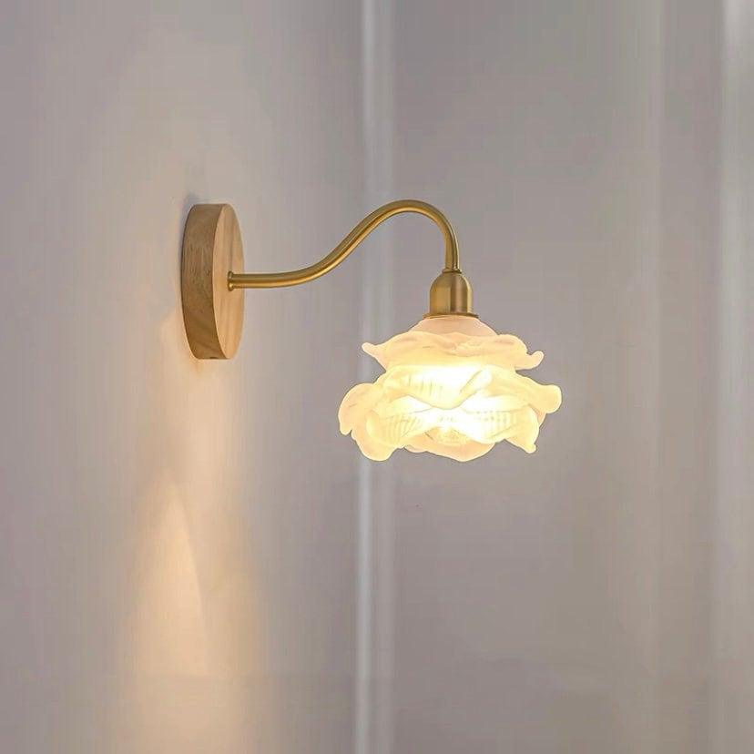 Beautiful Floral Glass Wall Light with Wooden Detail - BritishElegance
