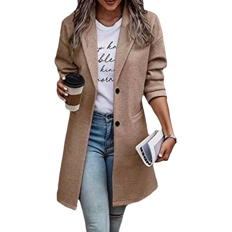 Women’s Mid Length Single Breasted Notched Collar Coat