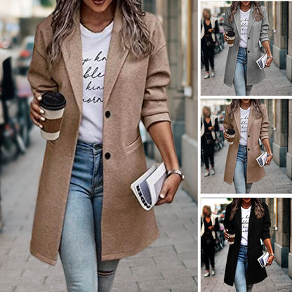 Women’s Mid Length Single Breasted Notched Collar Coat