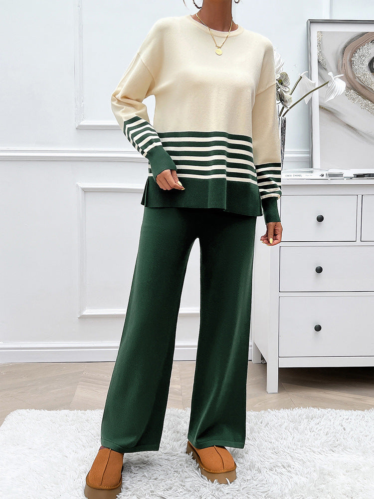 Casual Striped Wide Leg Pantsuit Set for Women - BritishElegance