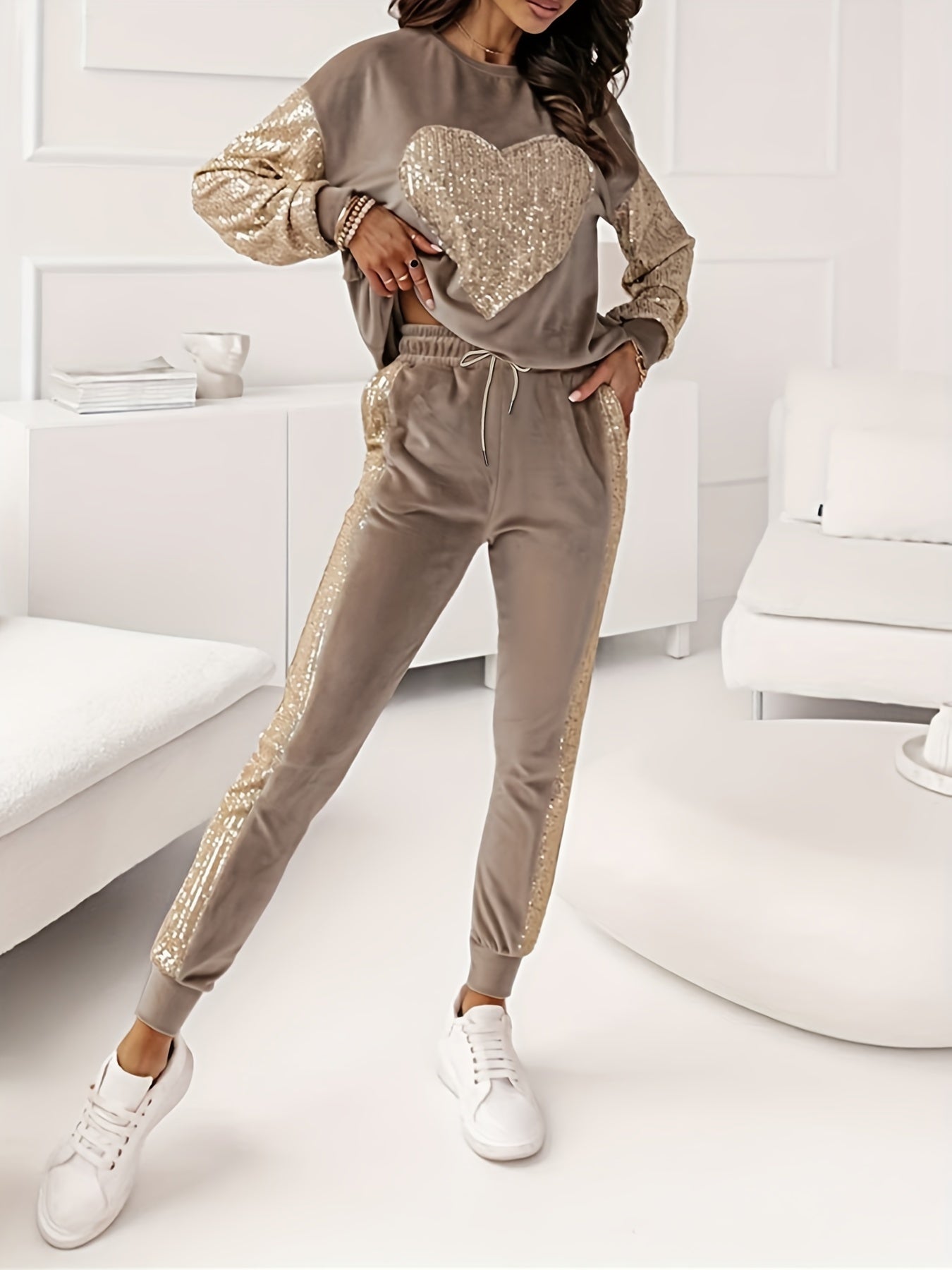 Chic Sequin Heart Top and Pants Set for Women - BritishElegance