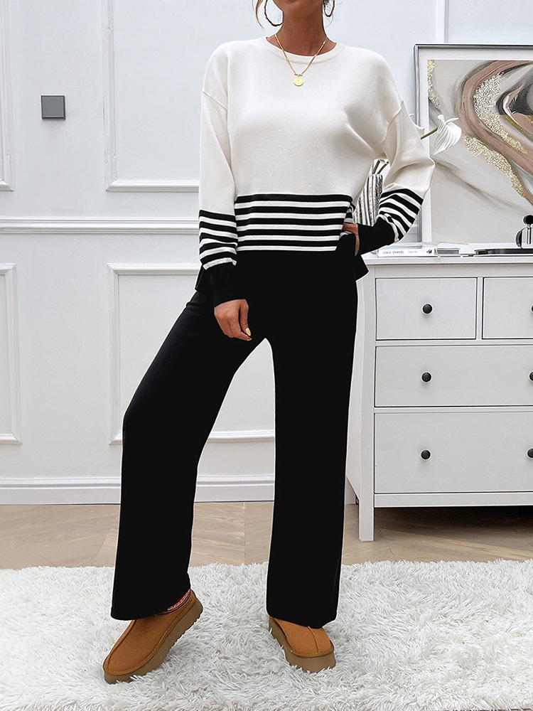 Casual Striped Wide Leg Pantsuit Set for Women