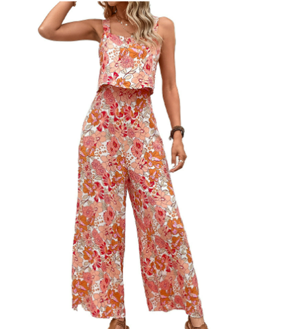 Summer Floral Two Piece Crop Top Pant Set - BritishElegance
