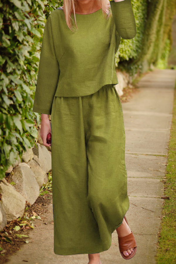 Ladies' 2 Piece Outfit with Long Sleeve Top and Wide Pants