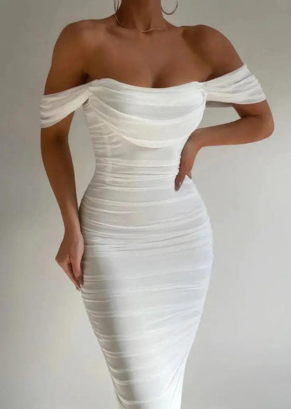 Chic Cold Shoulder Fitted Midi Dress with Flowy Sleeves