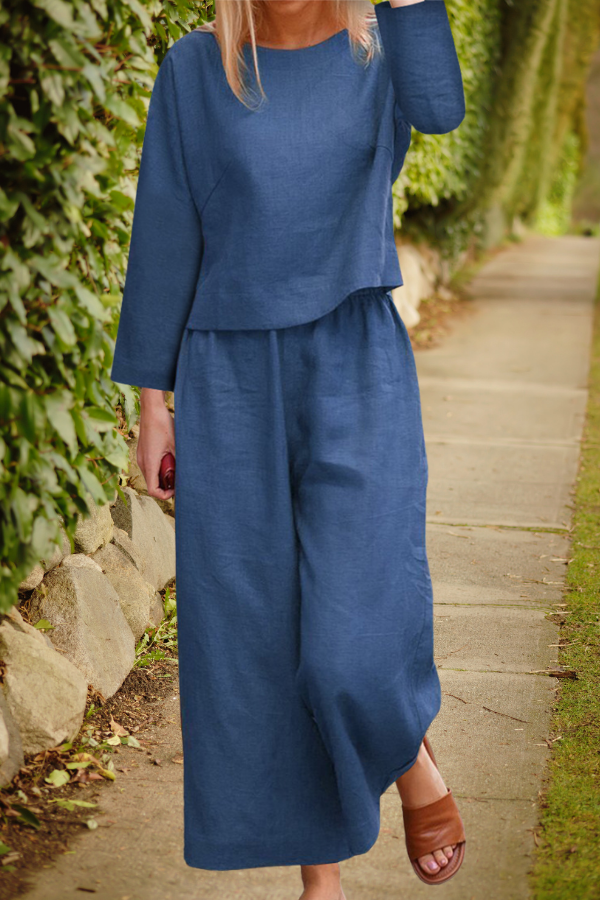 Ladies' 2 Piece Outfit with Long Sleeve Top and Wide Pants
