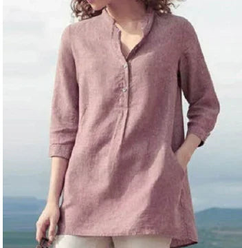 Relaxed Fit Women's Linen Blouse with Upright Collar - BritishElegance