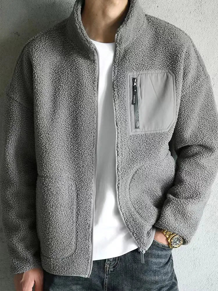 Men’s Zip Up Jacket with High Neck and Multiple Pockets