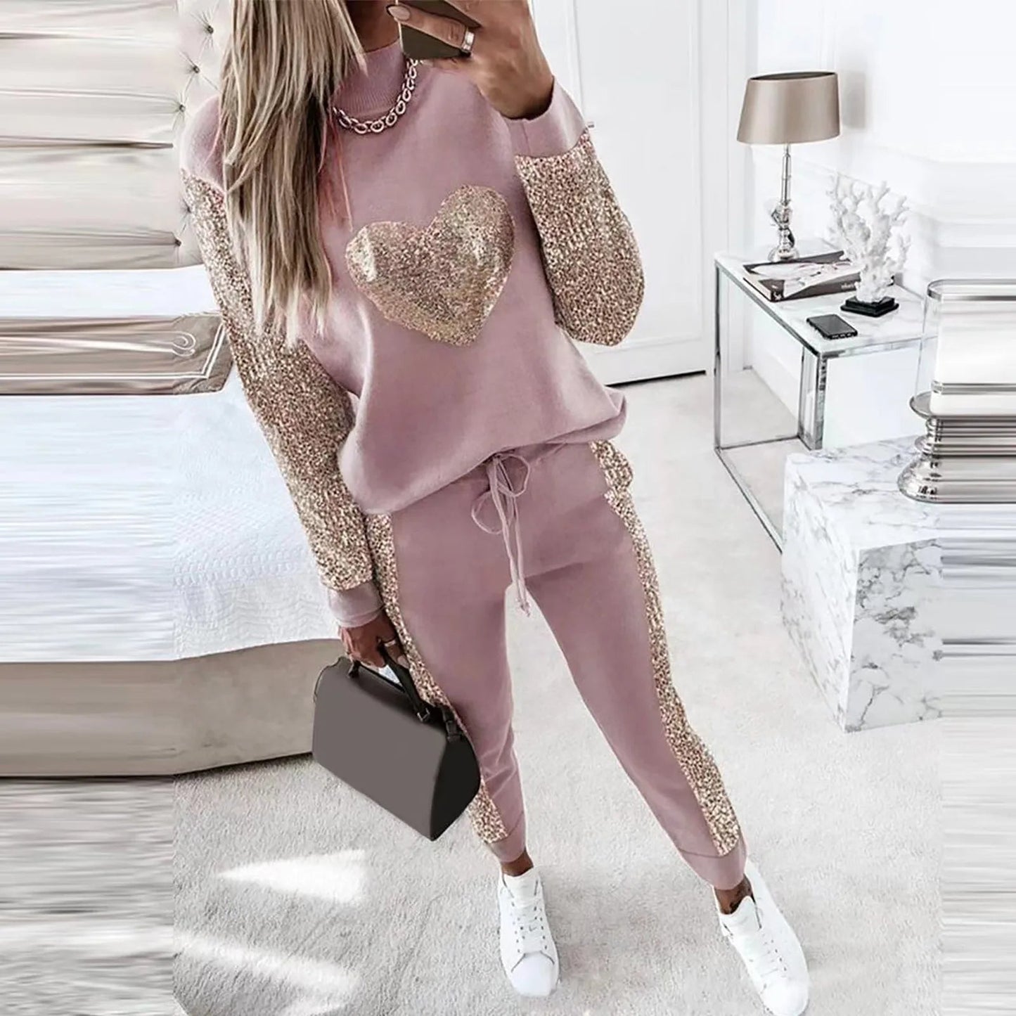 Chic Sequin Heart Top and Pants Set for Women