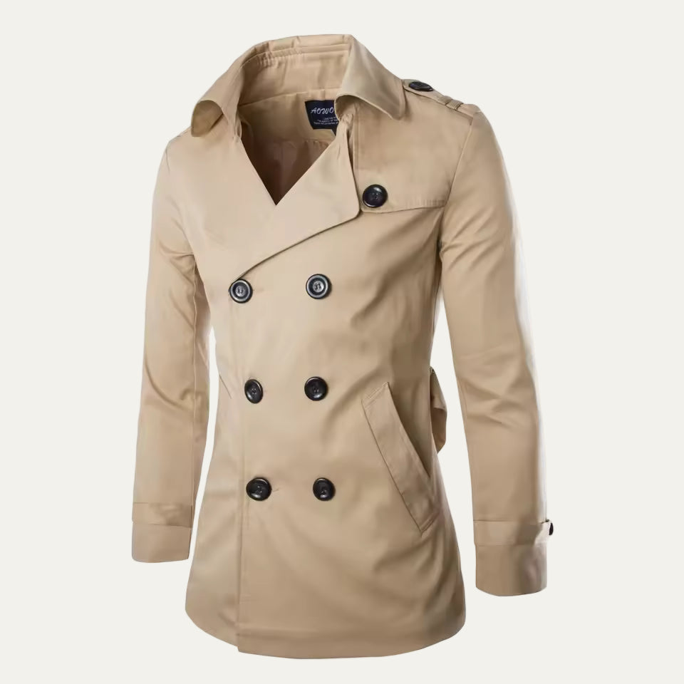 Men’s Short Double Breasted Trench Coat with Epaulets