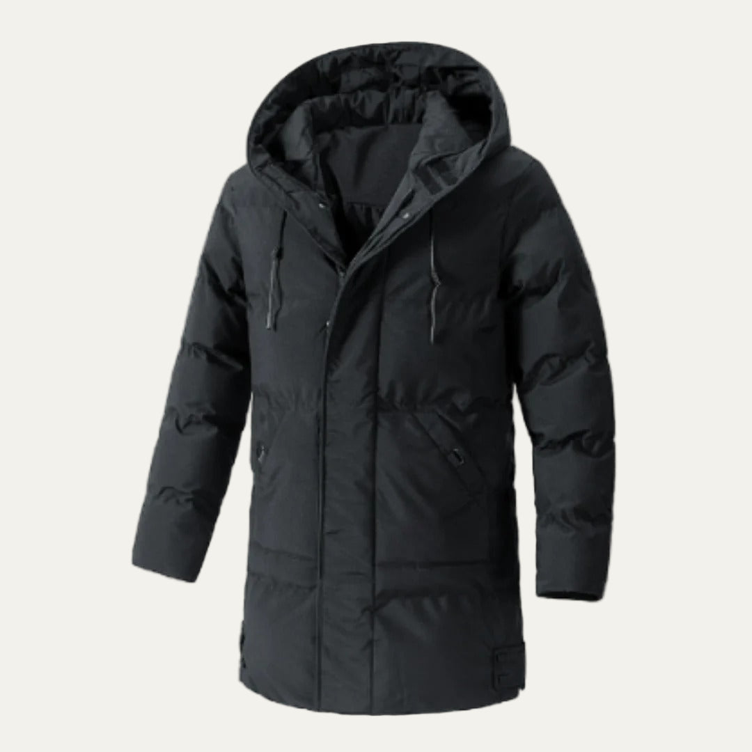 Men’s Long Hooded Puffer Parka with Zip and Button Placket