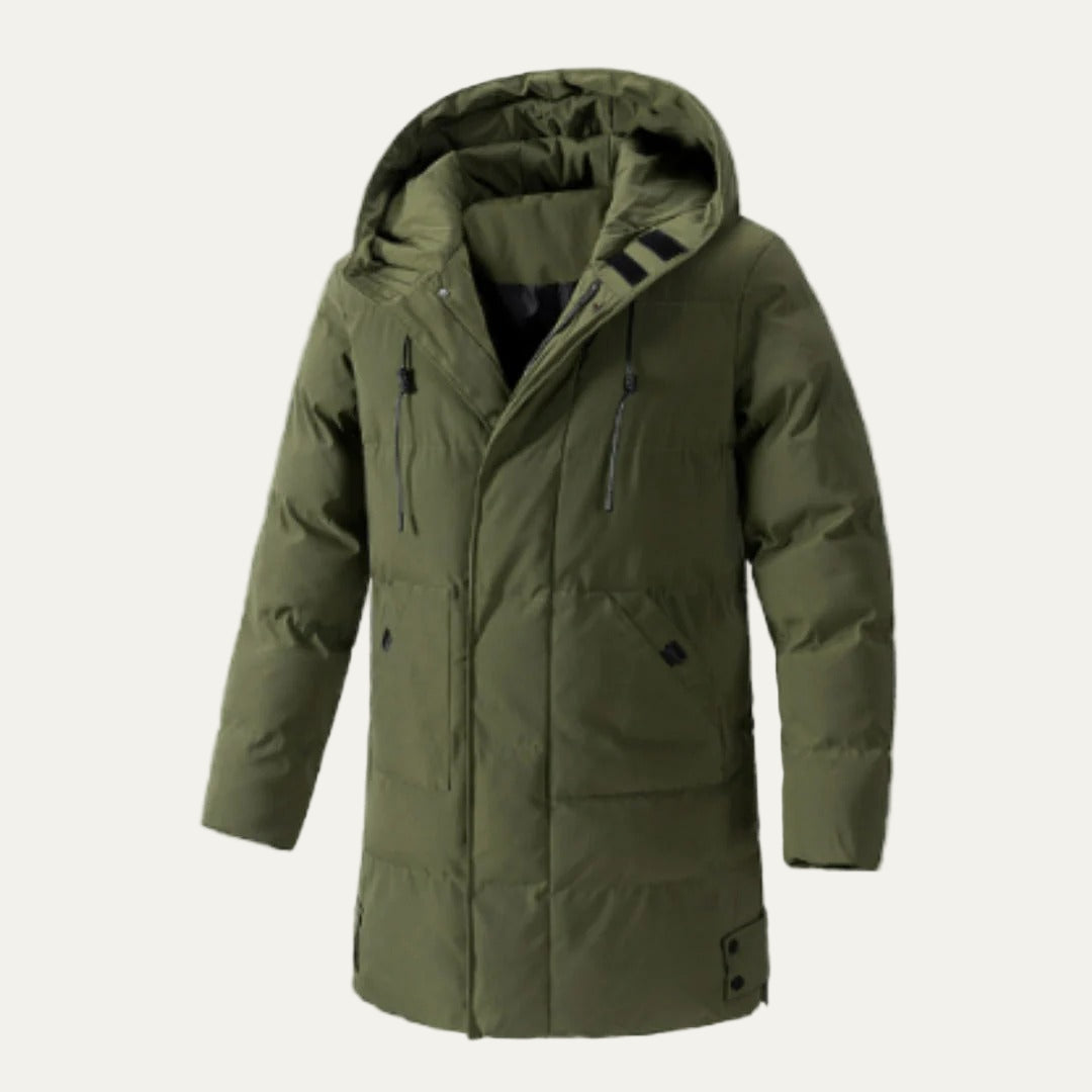 Men’s Long Hooded Puffer Parka with Zip and Button Placket