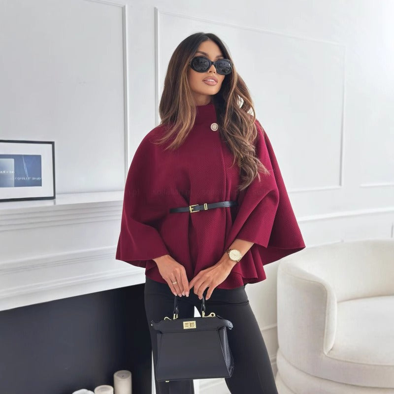 Ladies Long Coat with Fitted Waist and High Collar - BritishElegance