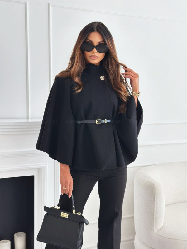 Ladies Long Coat with Fitted Waist and High Collar