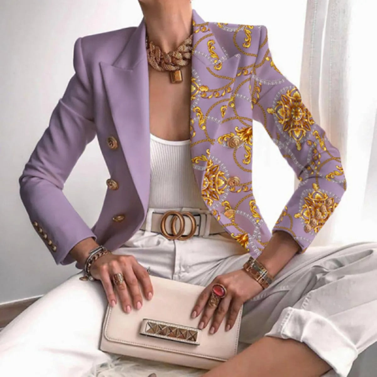 Chic Women's Off-Center Jacket with Metallic Chain Pattern