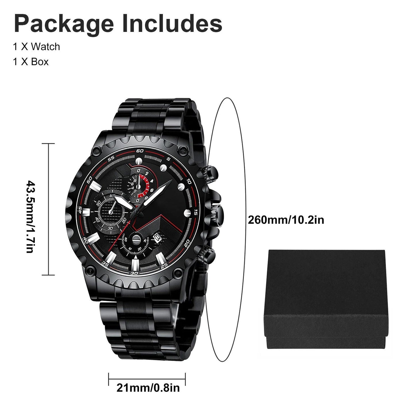 Men’s Black Stainless Steel Chronograph Watch – Waterproof Sport Watch
