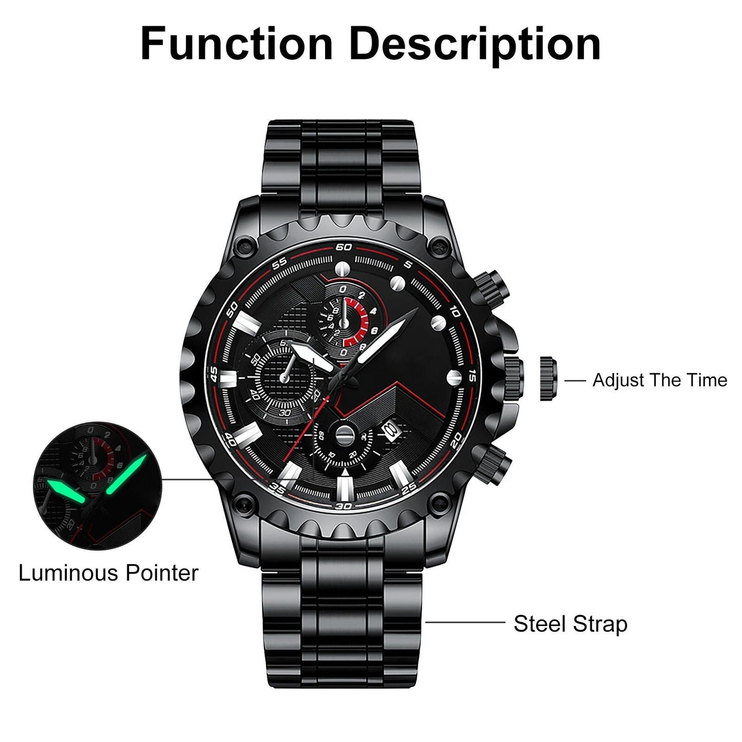 Men’s Black Stainless Steel Chronograph Watch – Waterproof Sport Watch