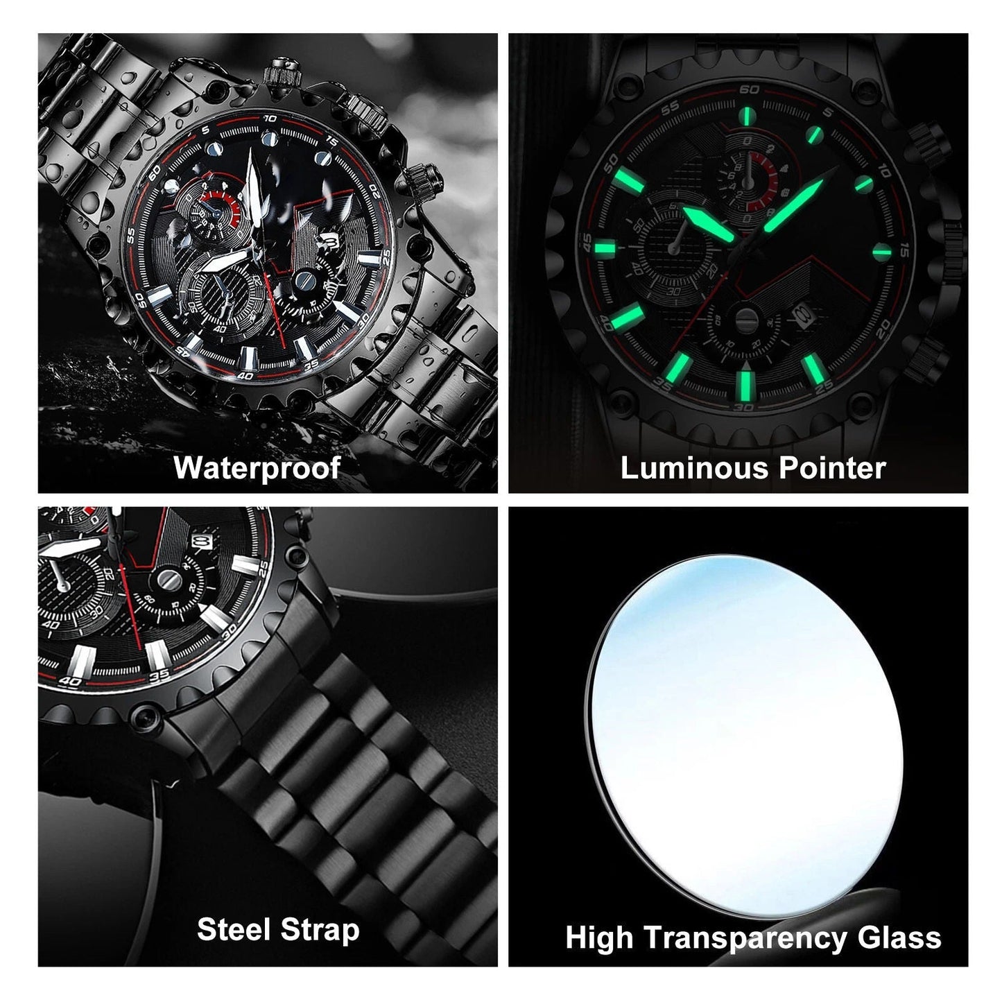 Men’s Black Stainless Steel Chronograph Watch – Waterproof Sport Watch