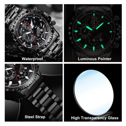 Men’s Black Stainless Steel Chronograph Watch – Waterproof Sport Watch
