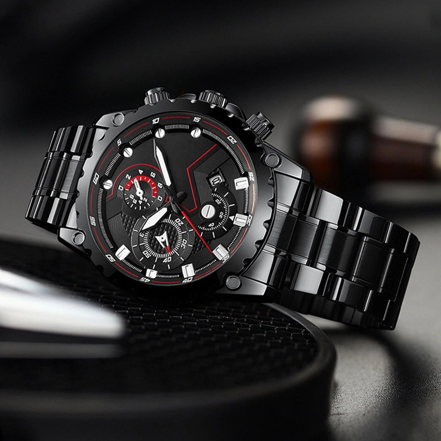 Men’s Black Stainless Steel Chronograph Watch – Waterproof Sport Watch