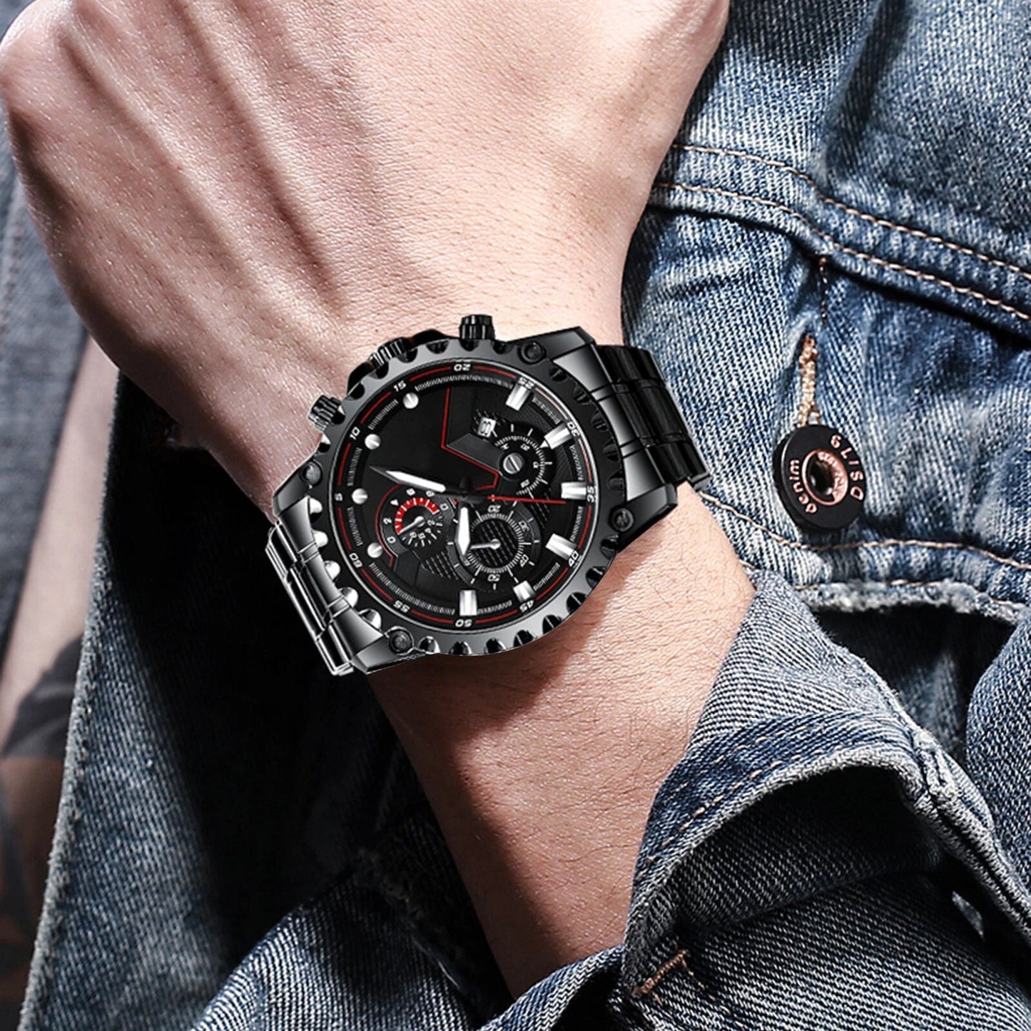 Men’s Black Stainless Steel Chronograph Watch – Waterproof Sport Watch