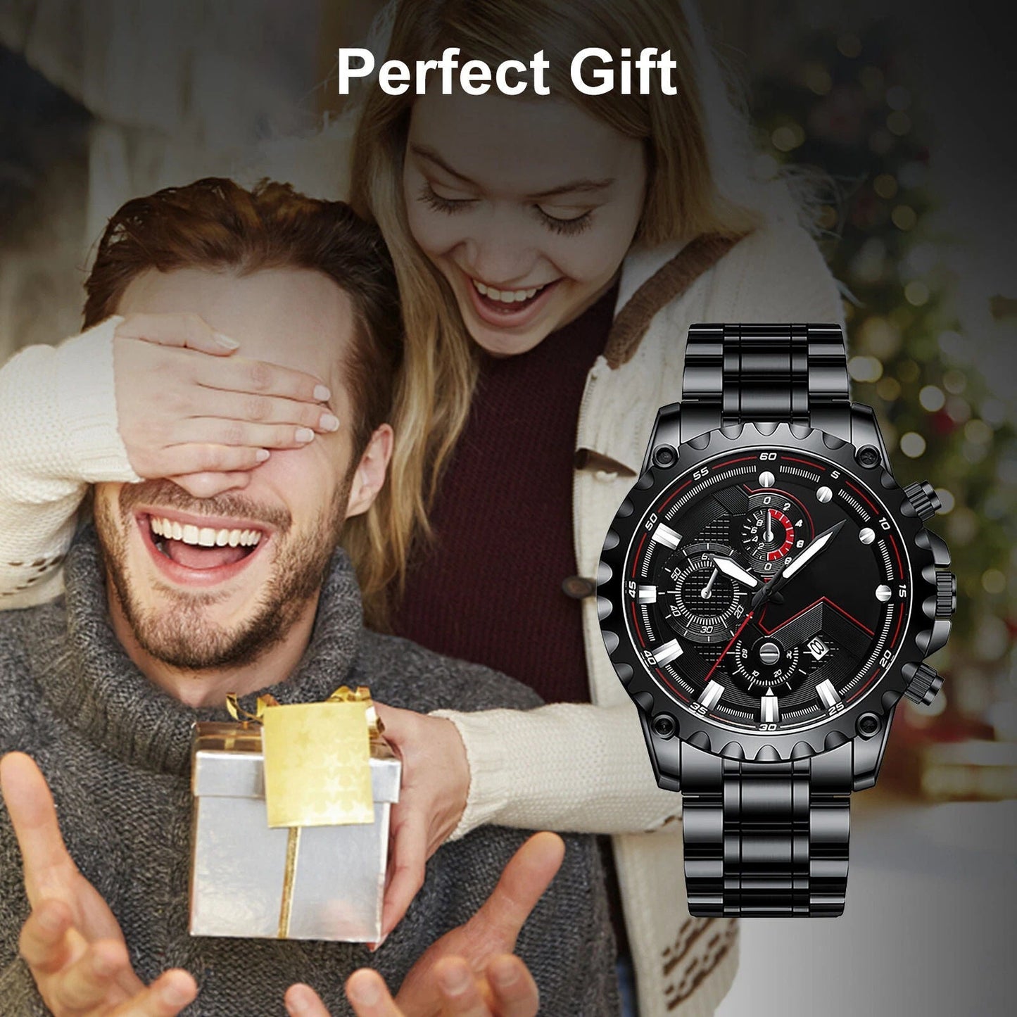 Men’s Black Stainless Steel Chronograph Watch – Waterproof Sport Watch
