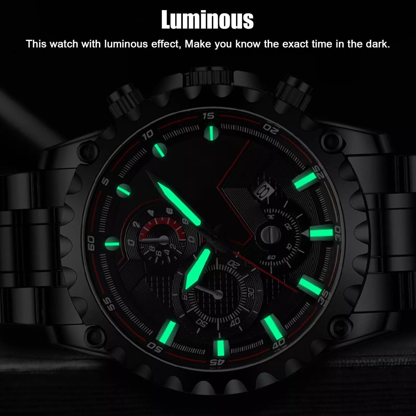 Men’s Black Stainless Steel Chronograph Watch – Waterproof Sport Watch