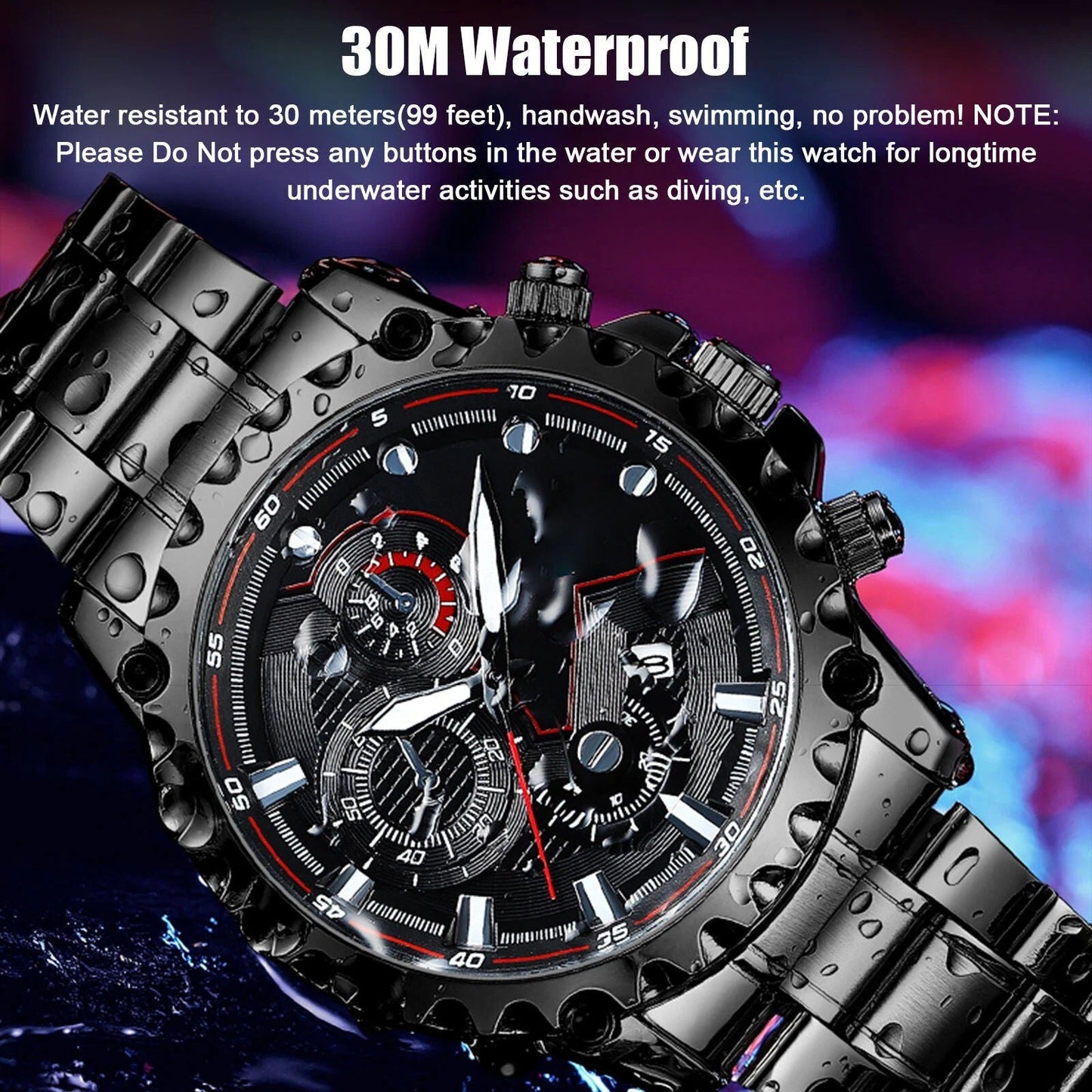Men’s Black Stainless Steel Chronograph Watch – Waterproof Sport Watch