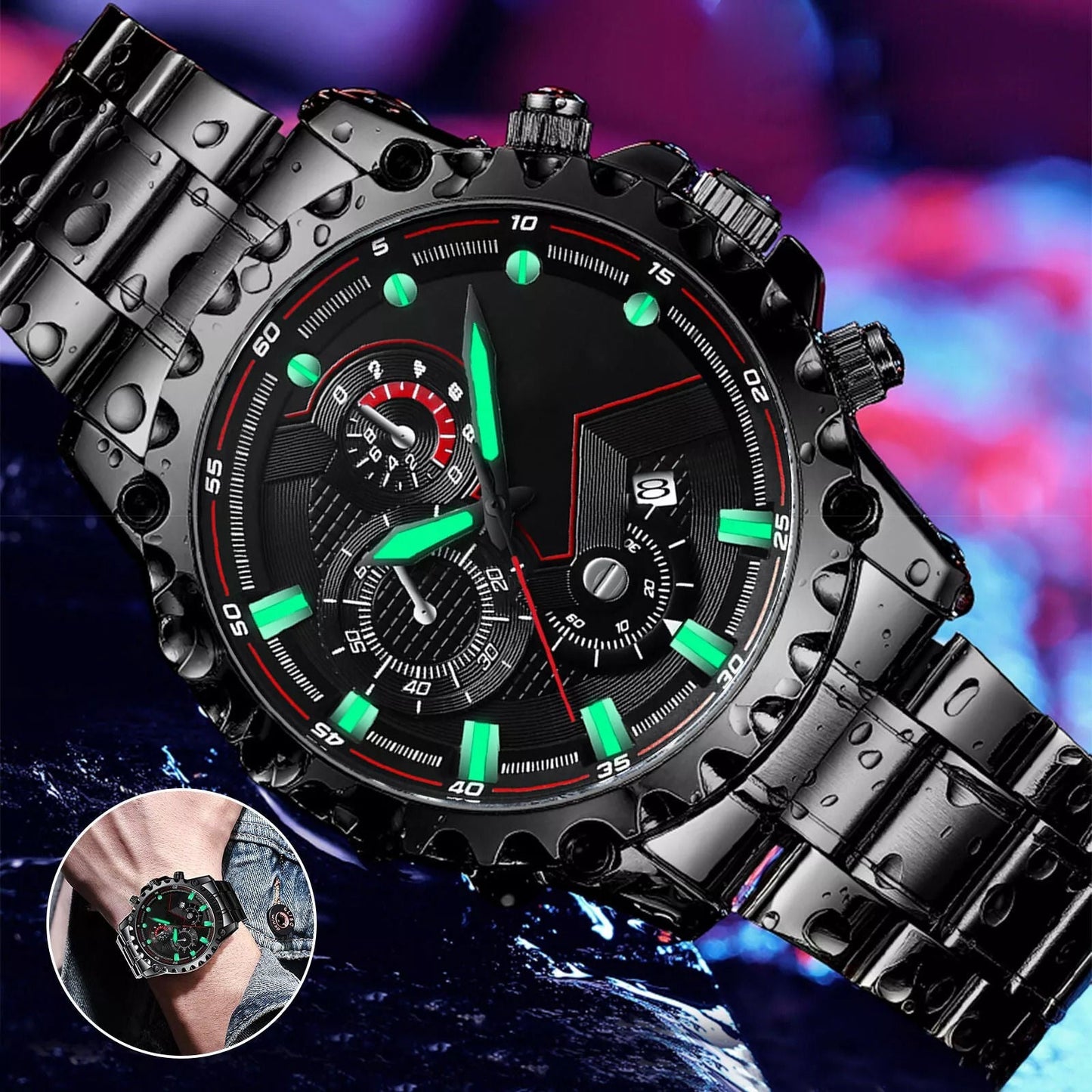 Men’s Black Stainless Steel Chronograph Watch – Waterproof Sport Watch