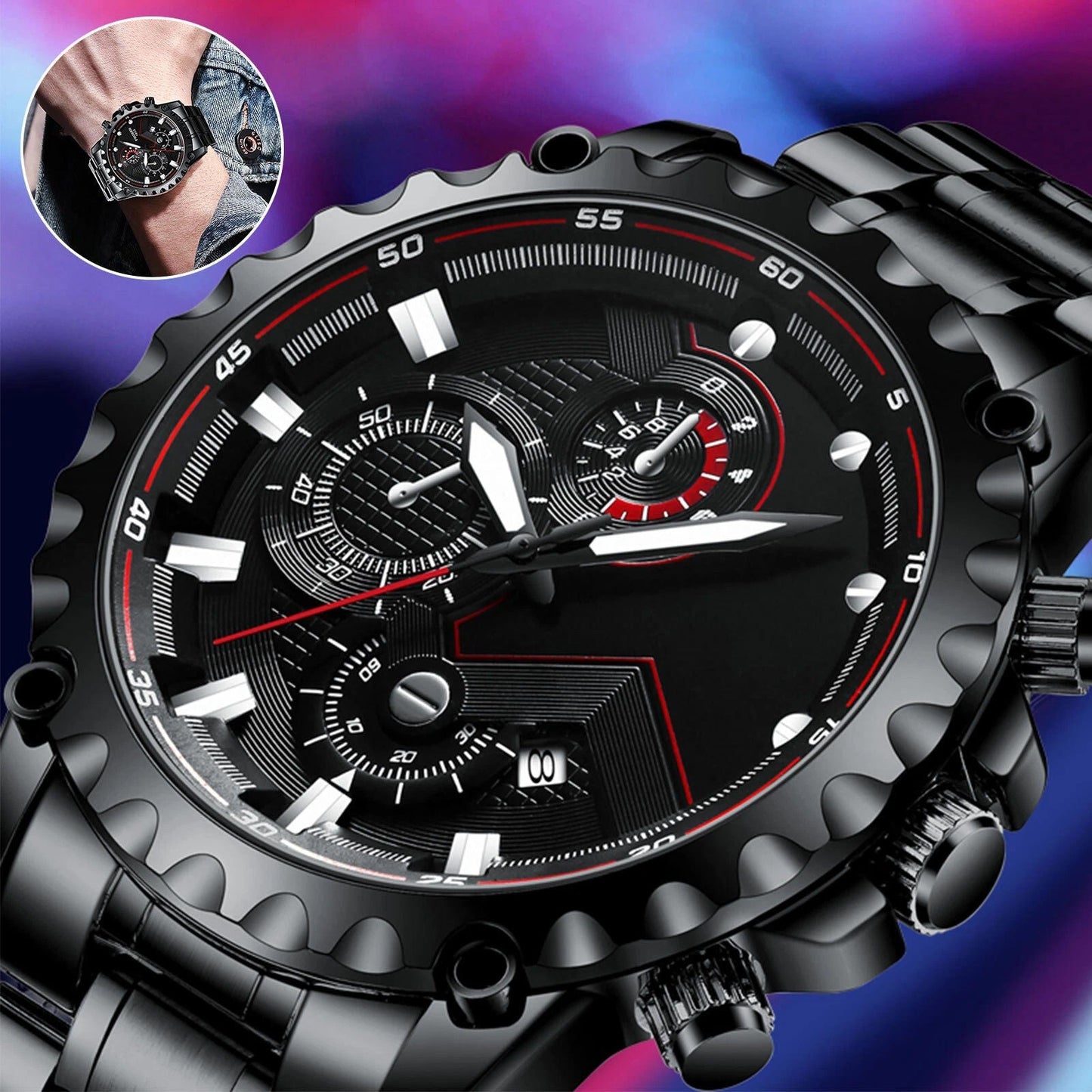 Men’s Black Stainless Steel Chronograph Watch – Waterproof Sport Watch