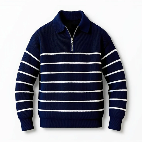 Cevori Nautical Stripe Wool Knit Half-Zip Sweater