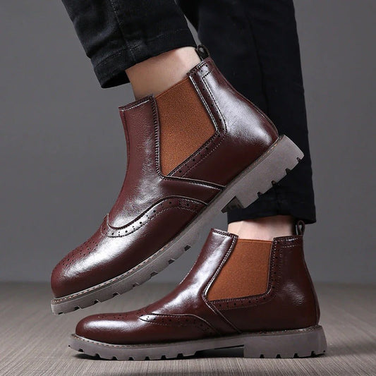 Brogue PU Leather Chelsea Ankle Boots Men