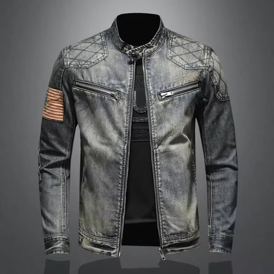 Cevori Slim Fit Zip Collar Denim Jacket