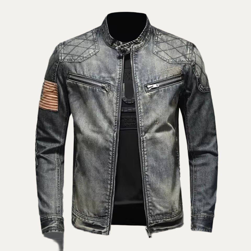 Men’s Stand Collar Biker Jacket with Quilted Shoulders