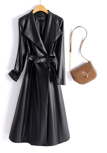 Classic Ladies Faux Leather Trench Coat - BritishElegance