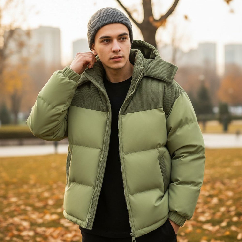 Insulated Puffer Jacket with Corduroy Hood