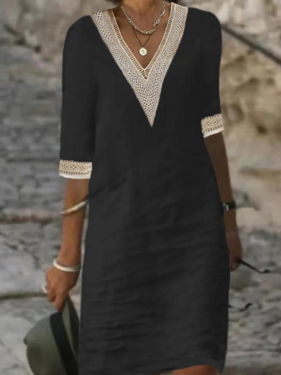 Elena – Casual V-Neck Dress with Lace Trim