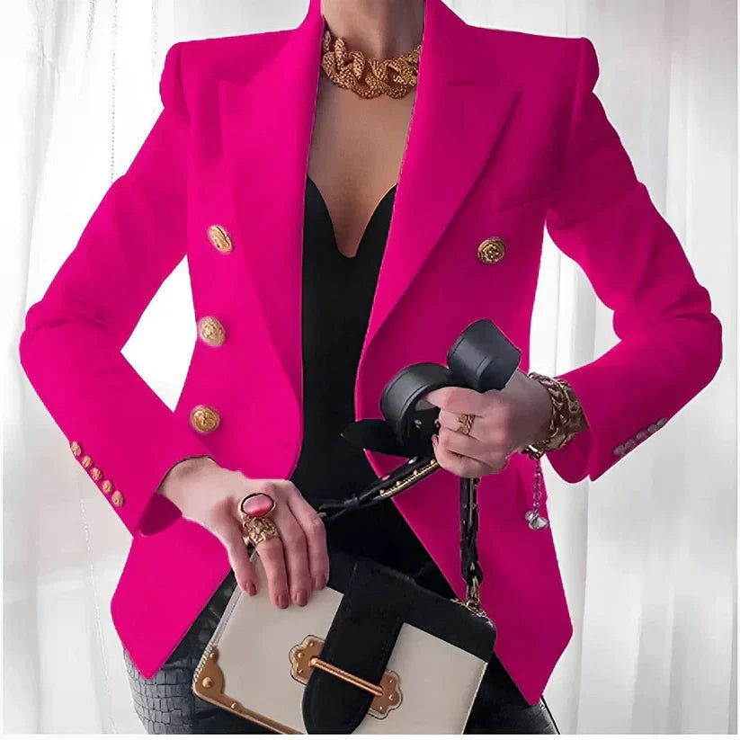 Sienna Tailored Double-Breasted Blazer | Gold Buttons Hip-Length Blazer