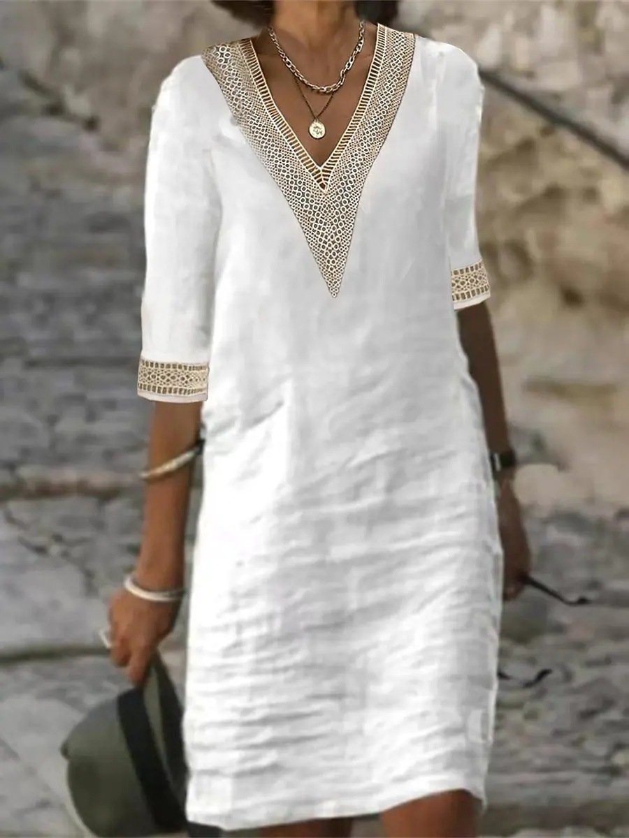 Elena – Casual V-Neck Dress with Lace Trim