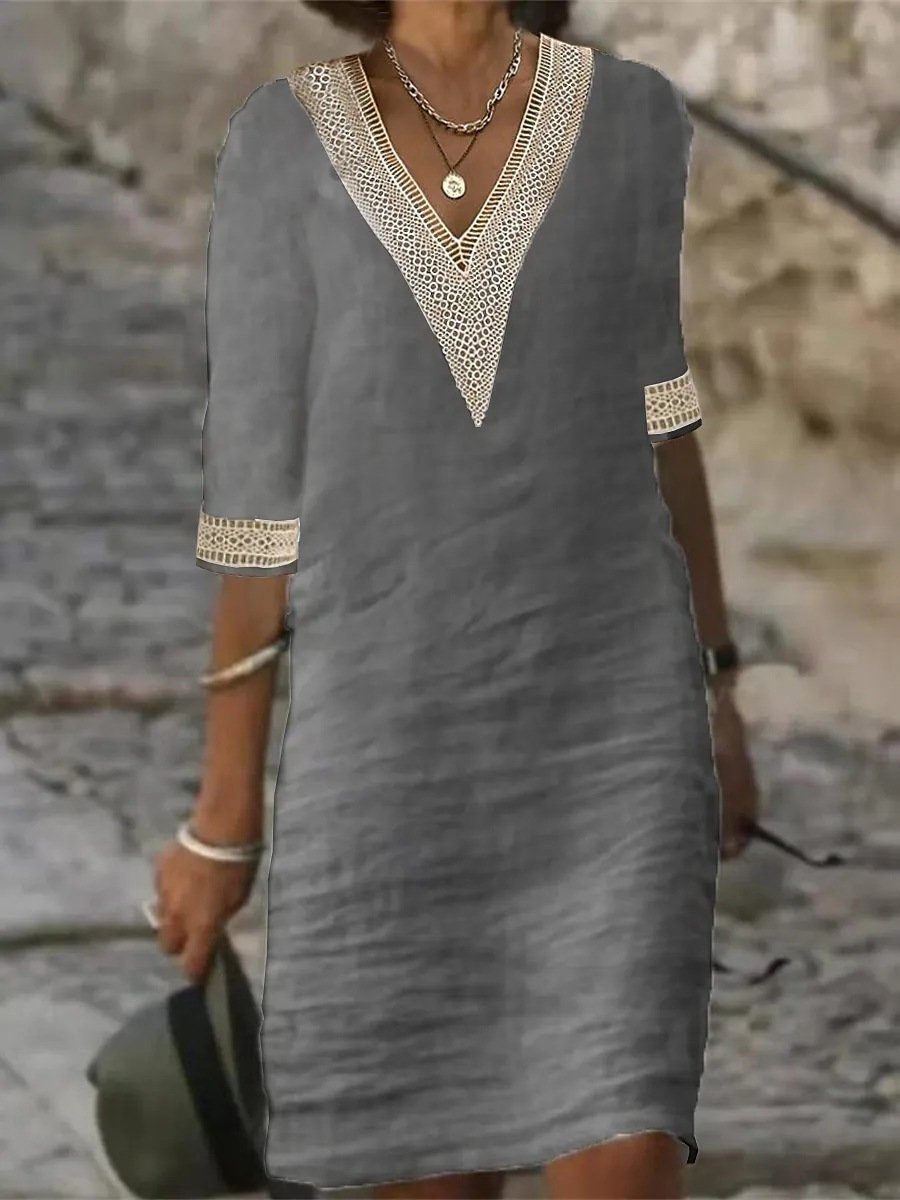 Elena – Casual V-Neck Dress with Lace Trim