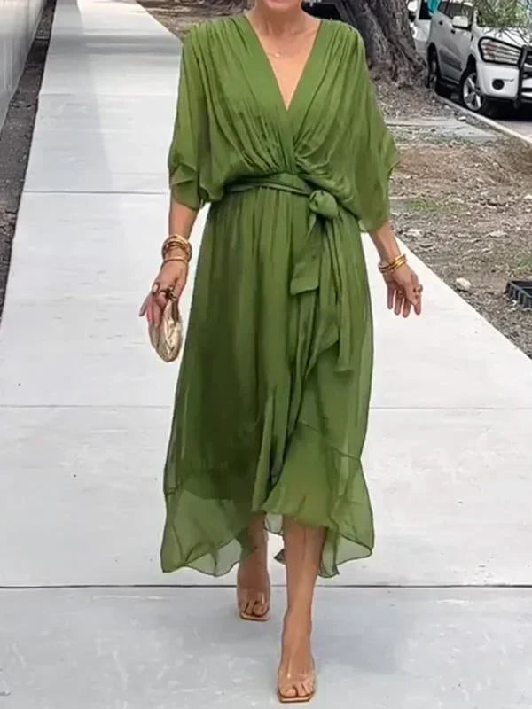 Luxurious V-Neck Silk Dress for Ladies - BritishElegance