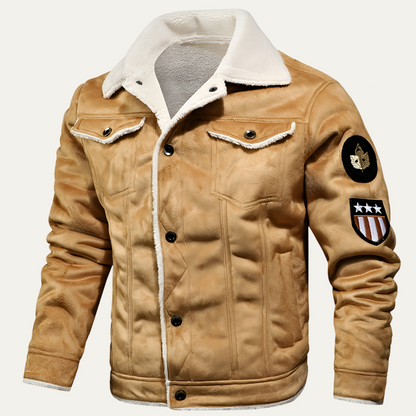 Men’s Shearling Lined Trucker Jacket with Patch Details