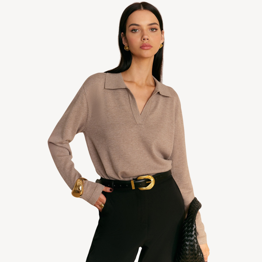 Knit Long Sleeve Polo V-Neck Sweater Women