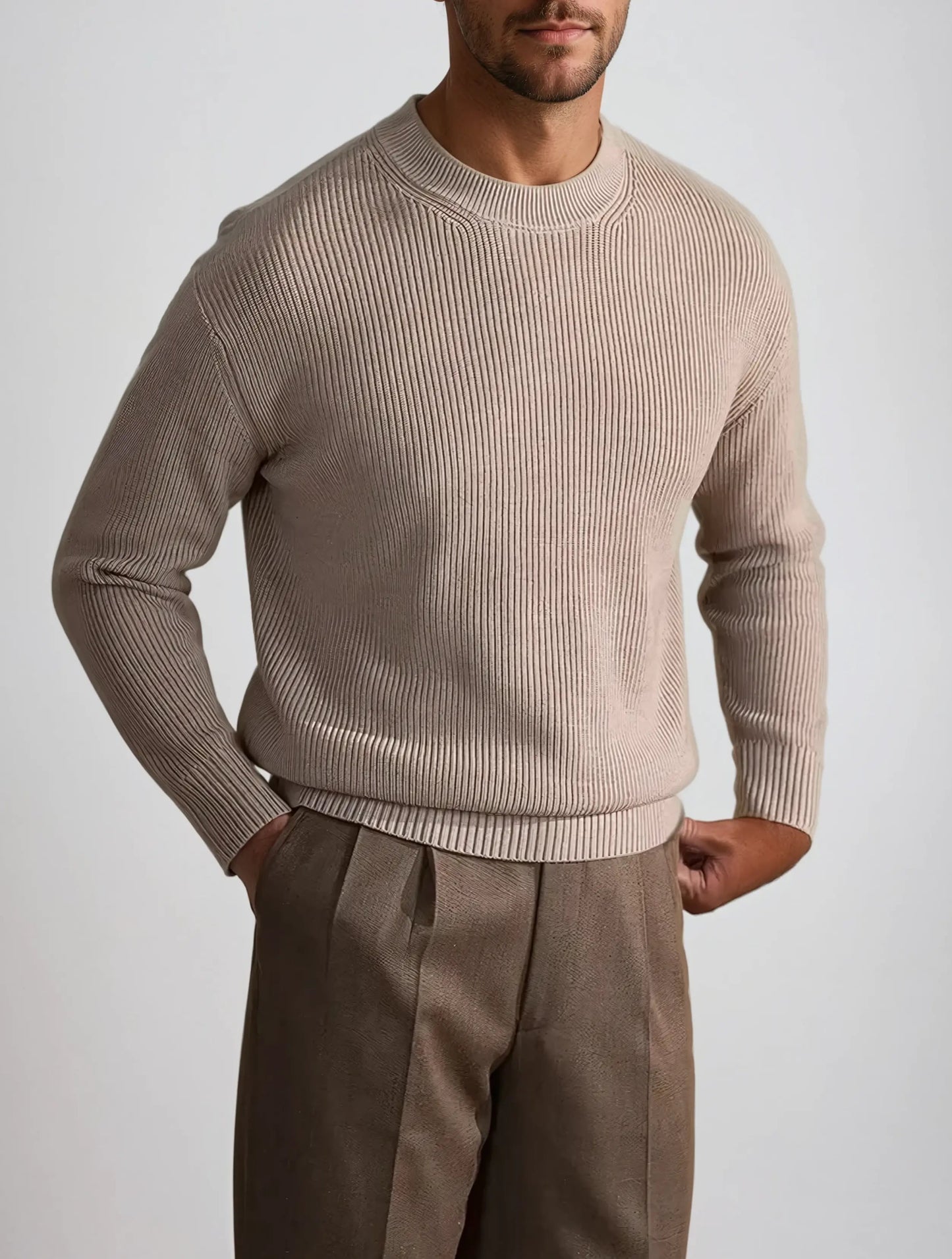Clement - Ribbed Beige Crew Neck Jumper Men