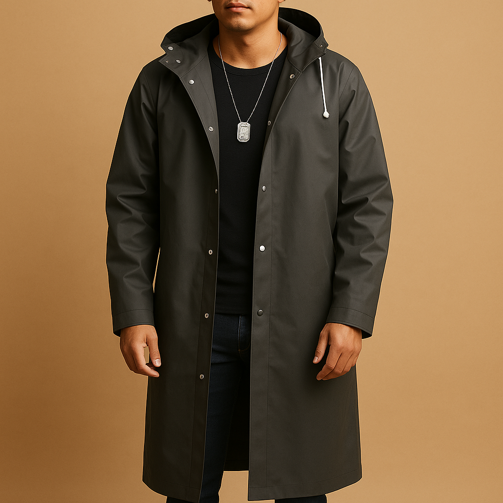 Men's Long Waterproof Raincoat with Hood - Lined Outdoor Jacket
