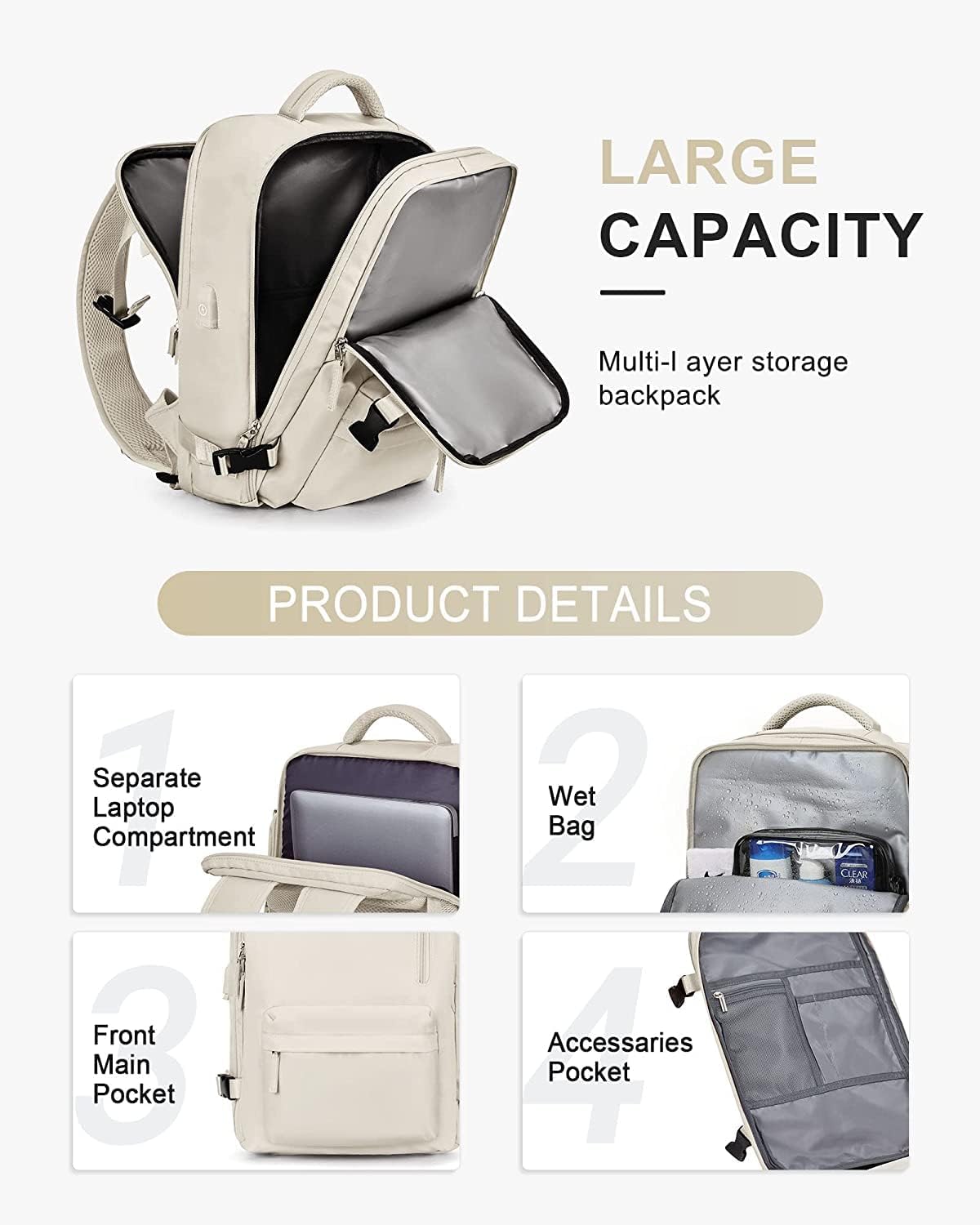 Waterproof Travel Backpack with Shoe Compartment & USB Port – 14' Laptop Fit